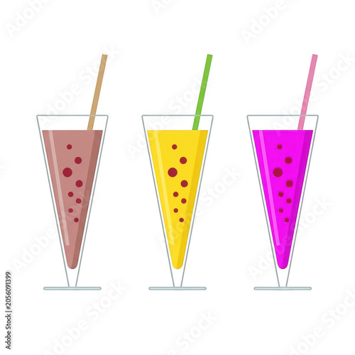 Three colorful fruit smoothie glasses with straws isolated on transparent background