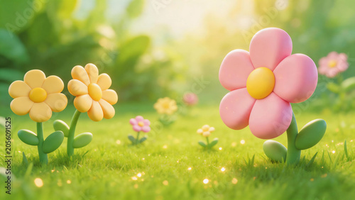 Flowers on Green Lawn Cartoon Illustration