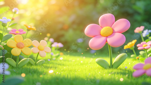 Flowers on Green Lawn Cartoon Illustration