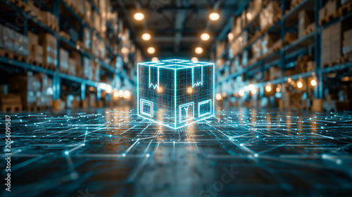 Futuristic Warehouse Automation: A glowing digital representation of a shipping box hovers above a circuit board-like grid, symbolizing advanced technology and automation within a modern.