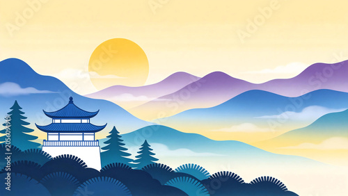 Chinese Style Pavilion and Mountain Range Illustration