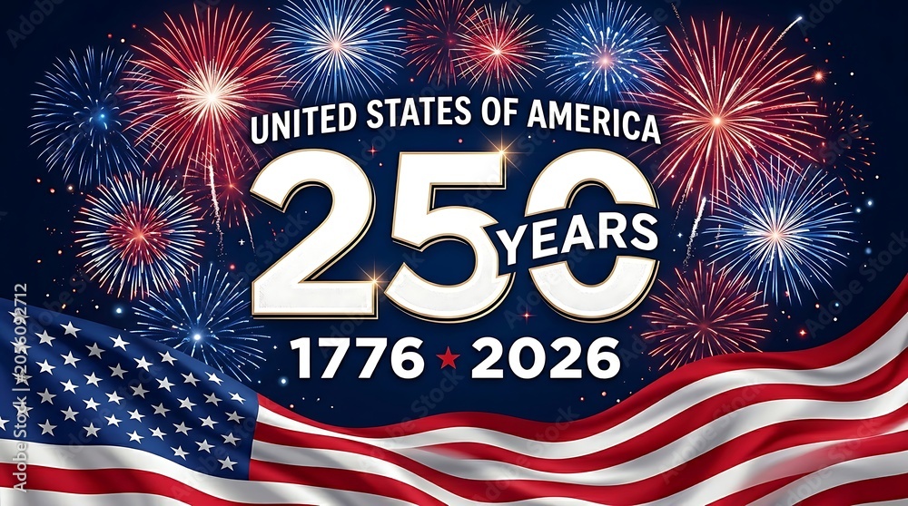 Fototapeta premium Celebrating 250 Years of the United States of America with Fireworks and the American Flag from 1776 to 2026