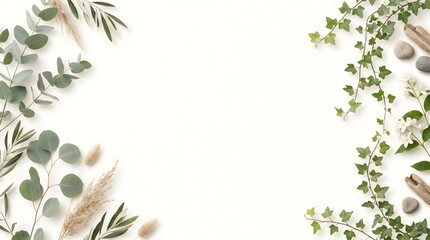Minimal botanical composition featuring eucalyptus leaves, ivy vines, and natural greenery framing a spacious neutral background. Ideal for website headers, branding, invitations, and nature-themed