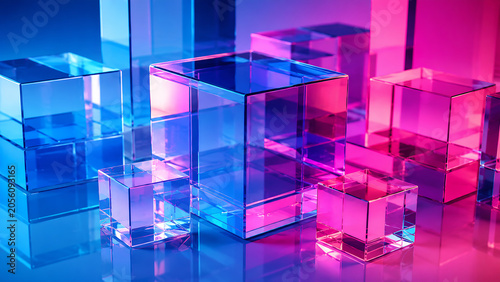 Abstract Glass Cubes: Modern Geometric Design with Blue and Pink Lighting.