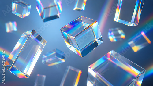 Floating glass blocks with rainbow chromatic dispersion effect. Artificial intelligence concept or premium tech product 3d rendering background
