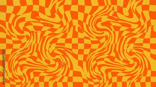 Vibrant 70s Sunset Orange and Yellow Wavy Checkerboard