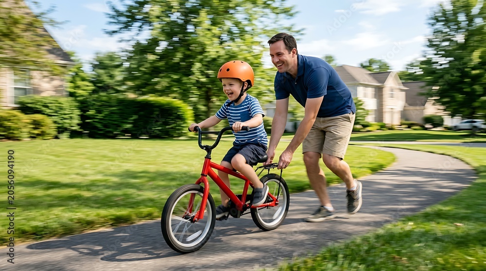 Fototapeta premium Father helps child ride bike on sunny Father's day afternoon