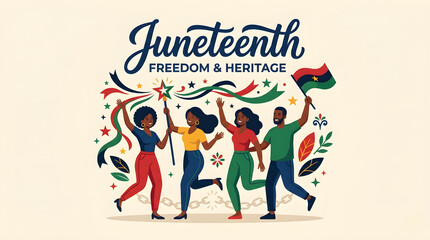 Happy People Dancing and Playing Djembe Drum on Juneteenth Freedom Day Vector Horizontal Banner