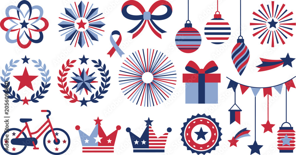 Obraz premium A collection of patriotic american themed design elements featuring stars stripes fireworks ribbons gift boxes and holiday decorations isolated on a clean white background surface