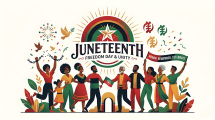 Juneteenth Celebration of Freedom Vector Illustration with Black Couple Holding Torch and Broken Chains