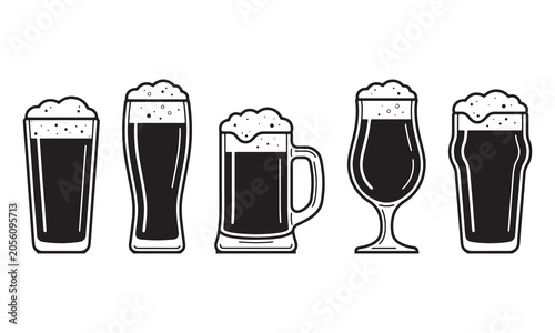 Black beer glasses and mugs lineup