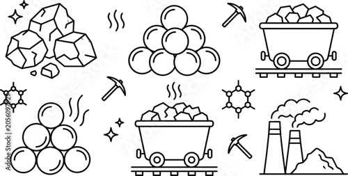 Obraz na plátně Coal Mining Industry Icon Set with Mine Cart Pickaxe Power Plant and Ore Resourc