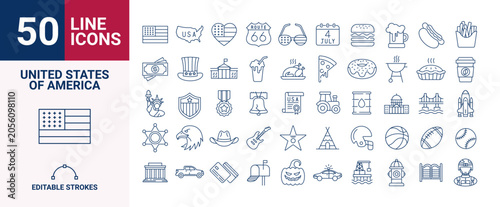United States line icons set vector editable stroke American culture symbols collection