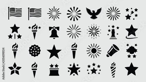 Set of patriotic american icons with stars and stripes eagle flags and firework graphics.