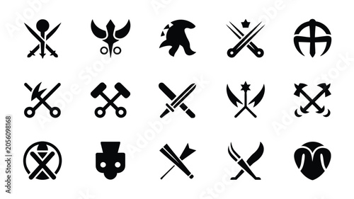 Fotografie Traditional warrior clan symbols featuring crossed weapons masks and decorative elements