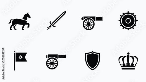 Tablou pe pânză Classic heraldry and military symbols including artillery pieces weaponry shields and horse