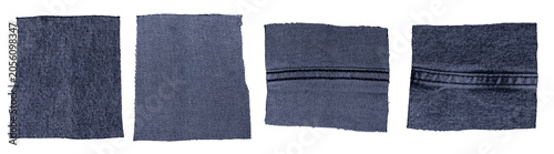 Isolated set of denim square scraps of fabric with copyspace on white background	
