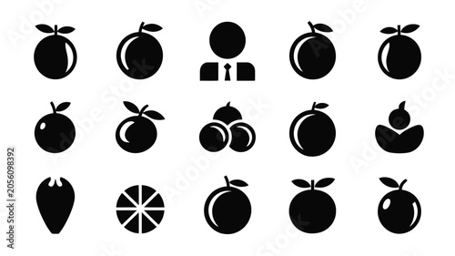 Quadro su tela Set of various black silhouette fruit icons and related shapes on isolated white background