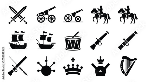 Historical warfare icons set featuring medieval swords cannons naval ships and royal crown.