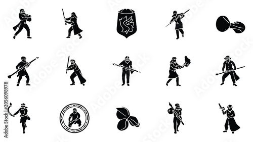 Fotografija Detailed black and white vector icon set showing infantry soldiers with various weapons