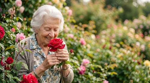 Smiling senior woman smelling a red rose in a sunny summer garden
