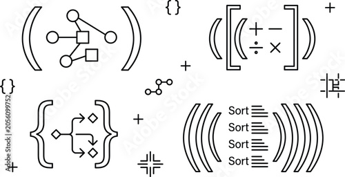 Εκτύπωση καμβά Mathematical algorithm syntax and programming data sorting line icon set with lo