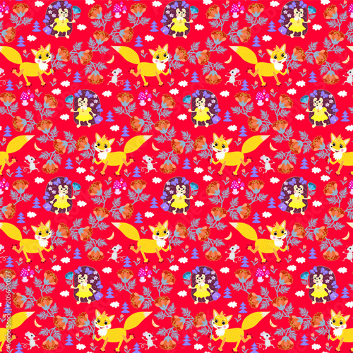 Beautiful seamless pattern with lemon foxes and hedgehogs. Bright print for f...