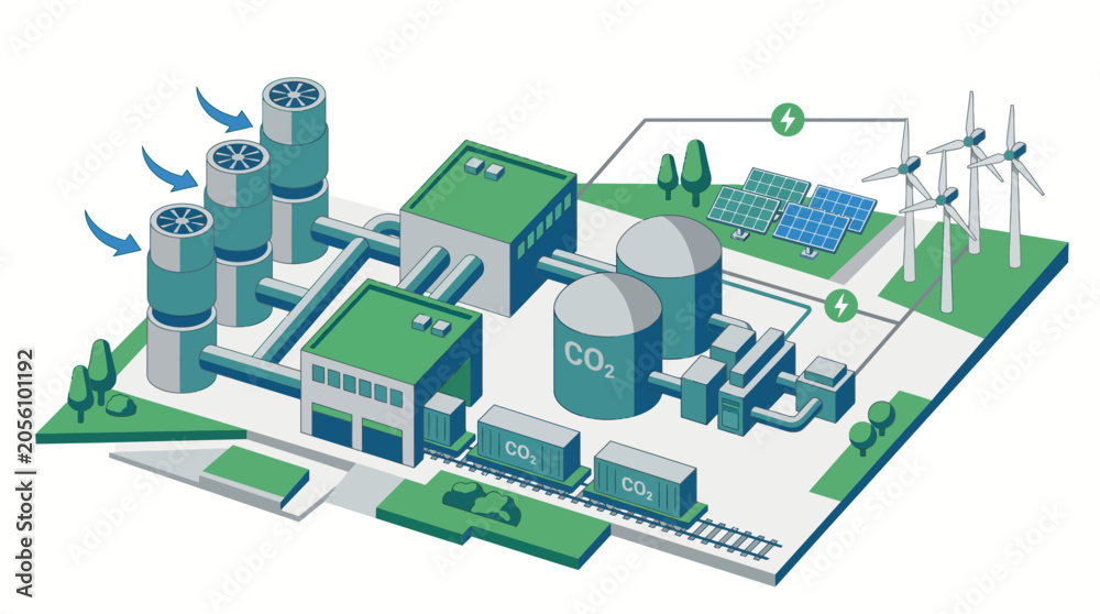 Naklejka premium Isometric Carbon Capture Industrial Plant with Solar Panels Wind Turbines and CO2 Storage