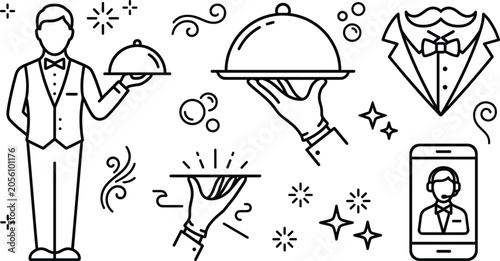 Schilderij op canvas Restaurant waiter service and fine dining catering icon set with butler tuxedo a