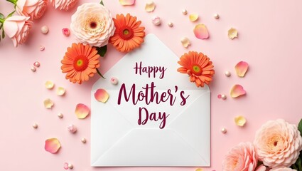 Happy Mother's Day greeting card with white envelope surrounded by colorful flowers and petals on a soft pink background, celebrating motherhood and love
