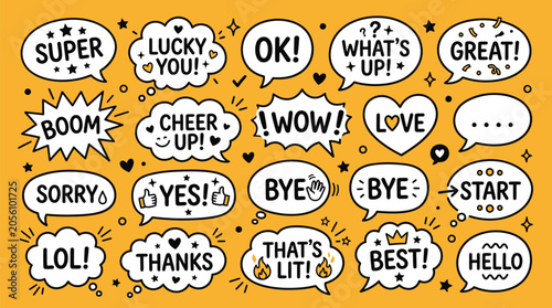 A collection of hand drawn vector speech bubbles featuring fun motivational phrases and colorful icons