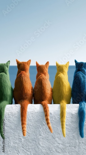 Colorful Cats Watching Ocean View