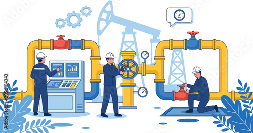 Industrial engineers operating oil and gas pipeline infrastructure with control panel and valves vector illustration