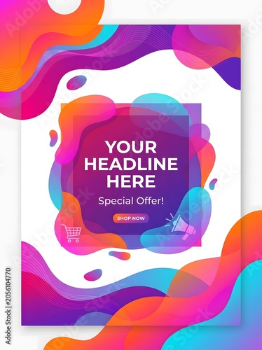 Abstract flyer template with liquid shapes for special offer advertisement and shop promotion.