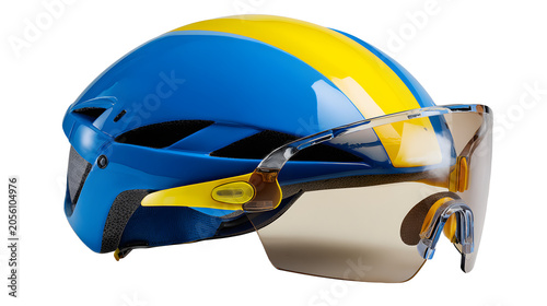Commercial product photography of blue and yellow bicycle helmet with visor, safety gear for cycling and outdoor sports, sharp focus, studio lighting, hyper- s, clean white background