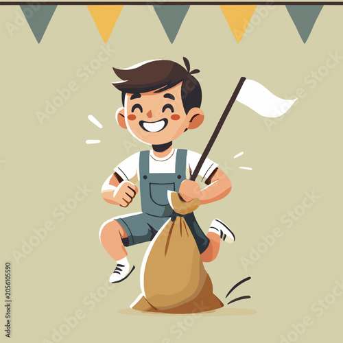 Schilderij op canvas Flat Illustration Of A Happy Boy Jumping Over A Sack With A White Flag On A Simp