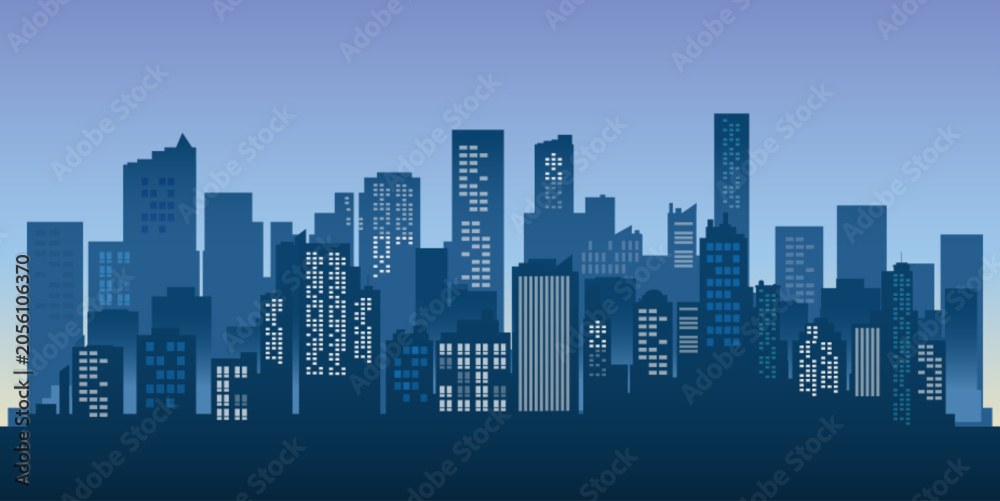 Fototapeta premium Modern Blue Skyline Cityscape Vector Illustration Featuring Tall Buildings and Urban Architecture Against Gradient Sky
