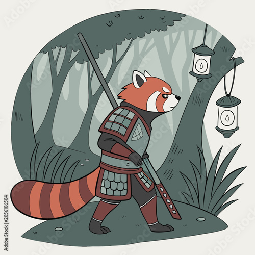 Obraz na plátne Cartoon raccoon samurai walking in a forest holding a sword and lanterns with il