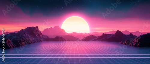 Futuristic Digital Landscape With Glowing Pink Purple Sky And Large Rising Moon Over Grid Surface