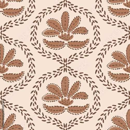 Ethnic hand painted boho flowers and leaves arranged as a floral ogee trellis in colors of brown and cream. Bohemian botanical seamless vector pattern. Great for home decor, fabric, wallpaper, gifts.