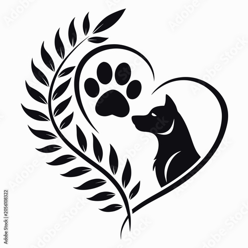 Konstfotografi Black silhouette of dog with paw print and leaf inside heart shape logo design f