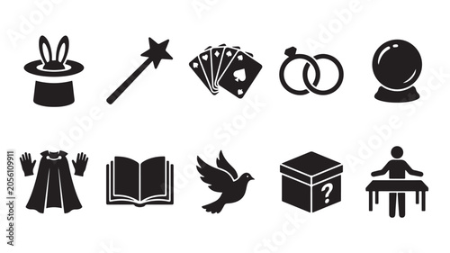 silhouette magic icons set with hat, wand, crystal ball, cards, rings, book, cloak, dove and mystery box