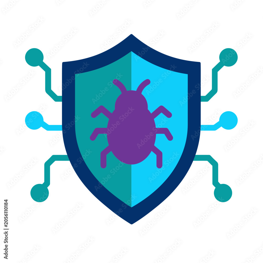Fototapeta premium Cybersecurity shield icon with a digital bug symbol for network protection