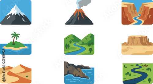 Tableau sur toile Flat Rectangular Earth Landforms and Nature Landscapes Icon Set with Mountain Vo