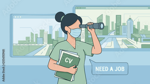 Bild auf Leinwand Job seeker in mask and scrubs with CV, looking for opportunities