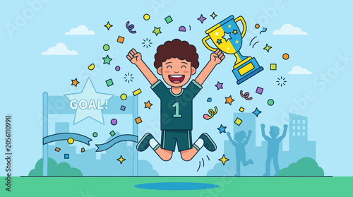 Tableau sur toile A joyful athlete celebrates crossing the finish line with a trophy and confetti