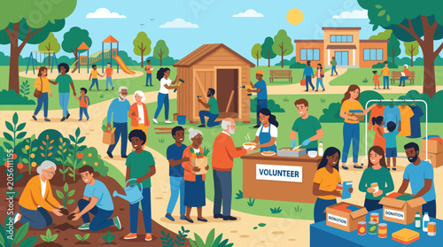 Tableau sur toile Diverse community members engage in various outdoor volunteer activities togethe