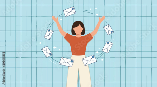 Photography Person surrounded by circulating emails, digital communication concept