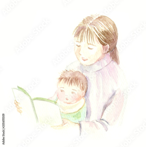 ママに絵本を読み聞かせしてもらう赤ちゃんの水彩イラスト