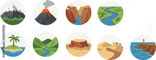 Konstfotografi Flat Round Earth Landforms and Nature Landscapes Icon Set with Mountain Volcano